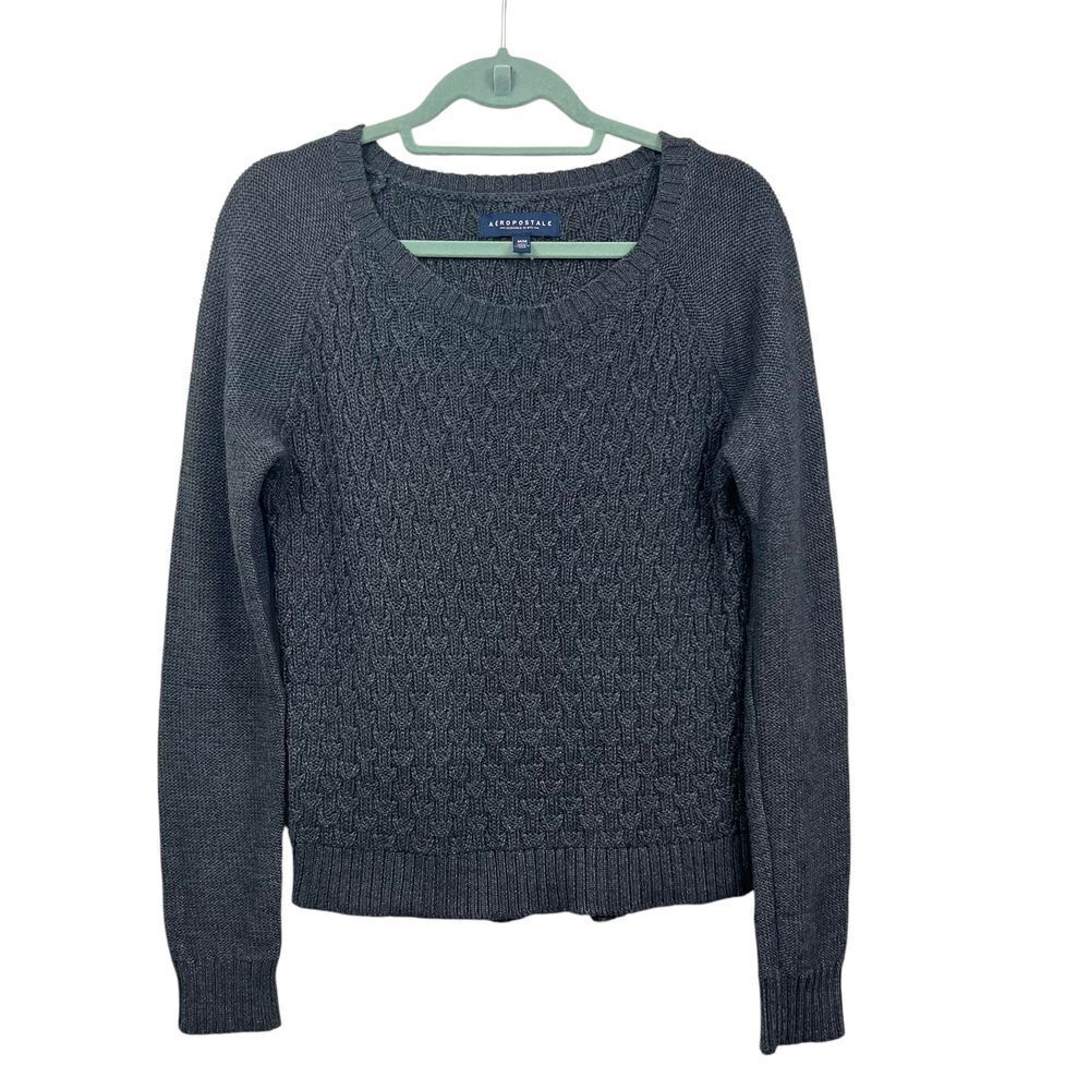 Aeropostale Women Cable Knit Sweater Crewneck Open Knit Classic Gray Sz M*